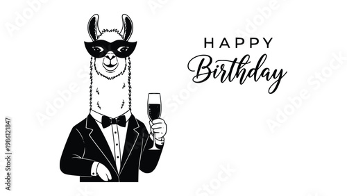 Llama in tuxedo holding wine glass celebrates birthday