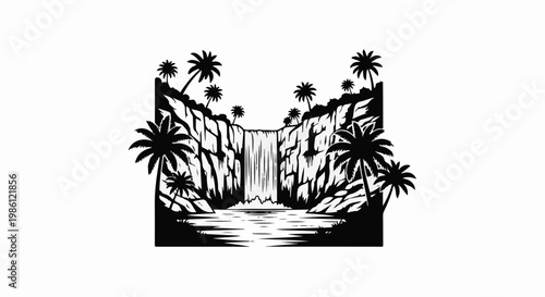 Tropical waterfall scene with lush palm trees and rocky cliffs