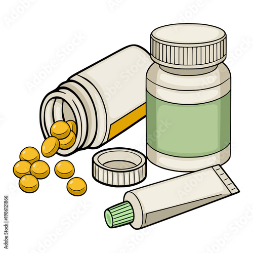 Vector illustration of medicine bottles, pills, and ointment tube on white background