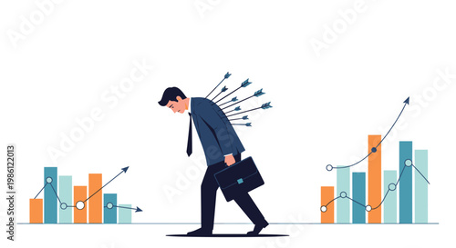 Sad businessman walking forward with multiple arrows stuck in his back while passing between rising and falling financial bar charts.