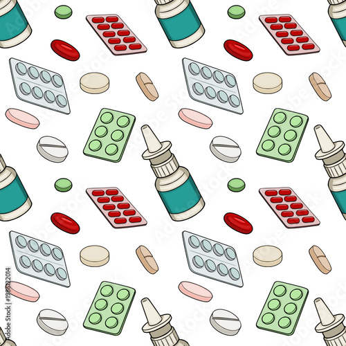 Seamless vector pattern of various medical pills and nasal spray bottles