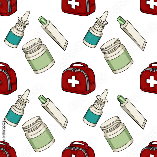 Seamless vector pattern of medical supplies, including first aid kits, nasal spray bottles, and medicine jars.