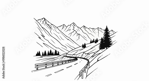 Winding mountain road with guardrails and evergreen trees