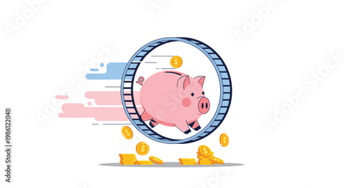 Pink piggy bank running inside a giant blue hamster wheel while gold coins scatter, symbolizing the constant cycle of earning and spending.