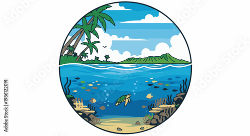Tropical island and underwater coral reef scene with palm trees and turtle