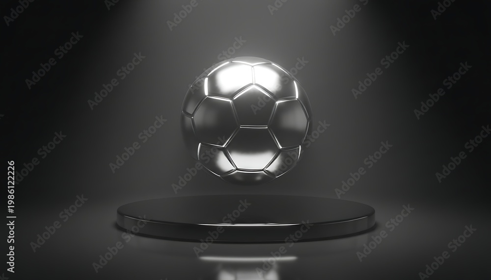 Fototapeta premium Floating Chrome Soccer Ball Above Black Podium Minimal Luxury Football Showcase Concept