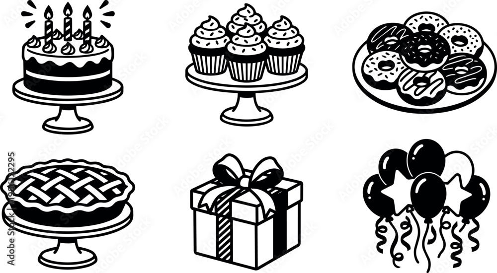 Fototapeta premium Birthday cake cupcakes pie gift box and balloons