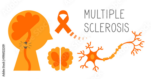 Multiple sclerosis awareness elements. Orange ribbon with fading end, disrupted nerve signal, brain with butterfly, neuron with damage. Neurological disorder concept.