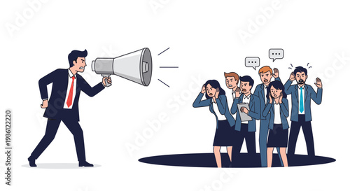 Angry boss shouting through a megaphone at a group of fearful employees who are standing in a deep dark hole in the ground.