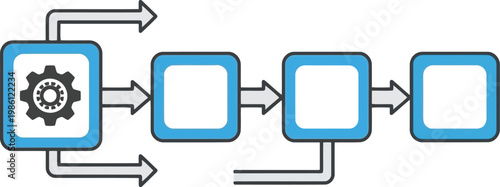 Business process flowchart with gear icon and sequential boxes with arrows showing steps in project management and workflow automation