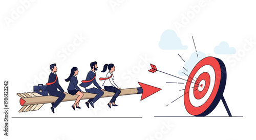 Group of four business professionals riding a giant flying arrow towards a target bullseye symbolizing collective effort and shared goals.