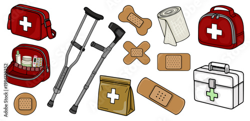 Set of medical supplies vector illustration, including first aid kits, crutches, bandages, and pills