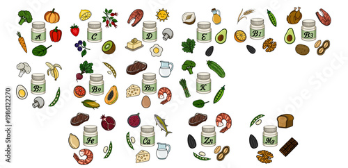 Colorful vector illustration of vitamins and minerals in food sources and supplements