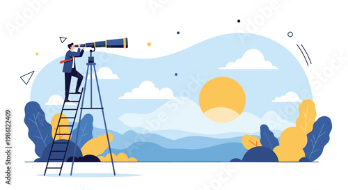 Businessman standing on top of a tall ladder using a telescope to look out over a beautiful mountain landscape, representing long-term vision.
