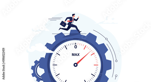 Businessman in a suit running on top of a large blue gear combined with a maximum speed gauge, representing high-speed performance and efficiency.