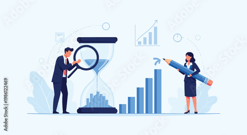 Businessman examining an hourglass while a businesswoman uses a giant pencil to draw a rising bar chart representing time and growth.
