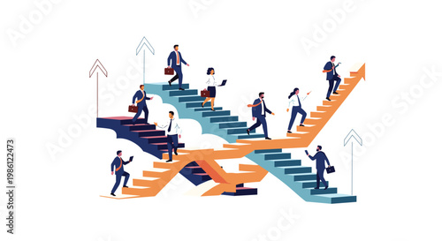 Multiple business people climbing different stairs that crisscross and lead upwards with arrows symbolizing various career paths and progress.