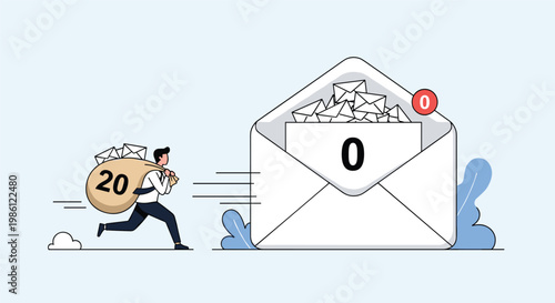 Businessman carrying a heavy bag marked with the number twenty and containing envelopes toward a giant empty inbox, representing email overload.
