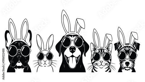 Black and white illustrations of dog and cat heads wearing bunny ears and sunglasses