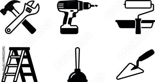 Black and white hand tools hammer wrench drill paint roller ladder plunger trowel icons