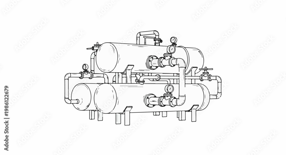 Obraz premium Complex piping system with pressure gauges and valves