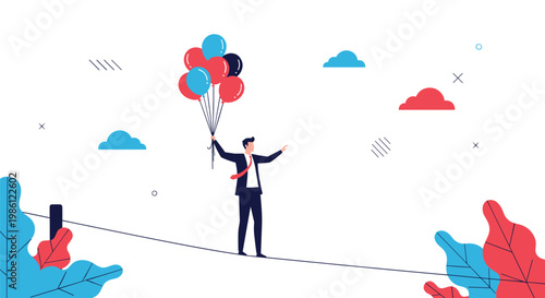 Courageous businessman carefully walking on a thin tightrope while holding a colorful bunch of balloons for balance and safety high in the sky.