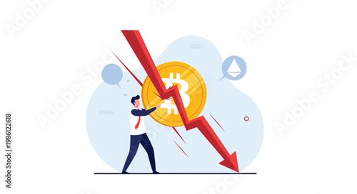 Resilient businessman fights against cryptocurrency market crash by pushing back a giant falling red arrow to save his financial investment.