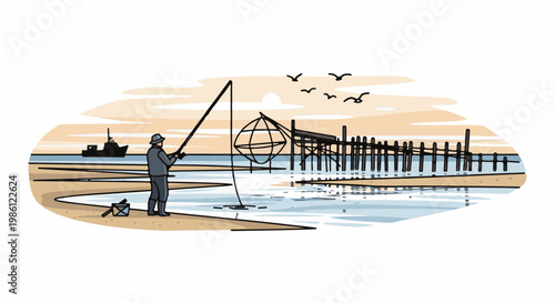 A solitary fisherman casts a net by a weathered wooden pier at sunrise