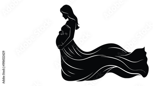 Pregnant woman in a flowing dress standing sideways in a black silhouette against a white background with her hands gently on her belly