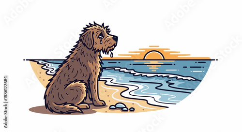A sad, shaggy dog sits on a sandy beach watching the sunset over the ocean
