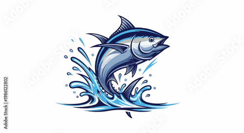 A dynamic illustration of a tuna fish leaping out of blue water splashes