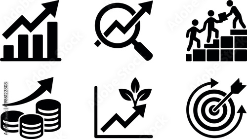 Black upward growth arrow chart coins target and teamwork icons set