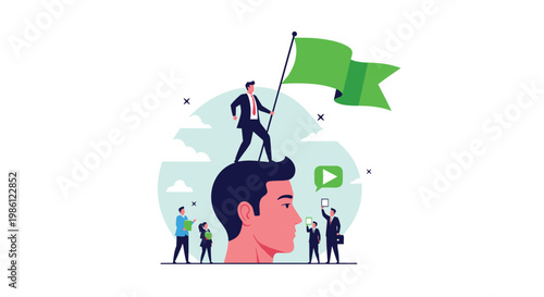 Accomplished professional standing on a giant human head holding a green flag signifies victory over psychological barriers or leadership.