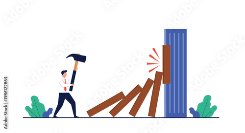 Determined businessman stops a falling domino effect using a large hammer to prevent a chain reaction of failures in the workplace.
