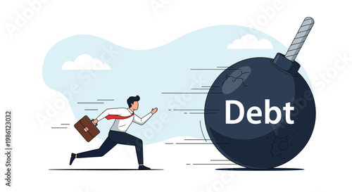 Stressed businessman runs away from a massive rolling bomb labeled debt to illustrate the pressure of financial burdens in business.