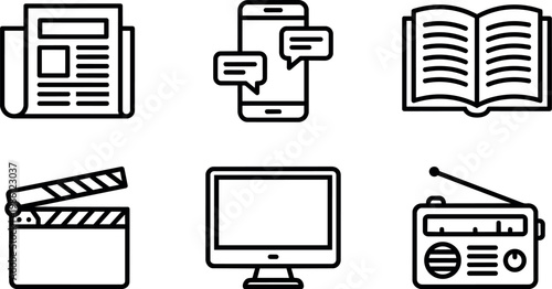 Black and white media icons including newspaper smartphone book clapperboard computer and radio