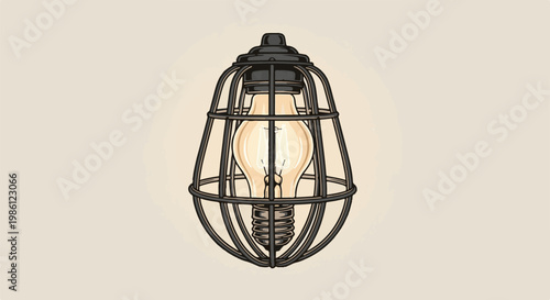 Industrial style caged incandescent light bulb on a neutral background