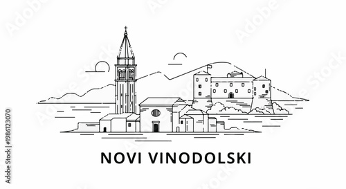 Stylized linear illustration of coastal town with church and castle