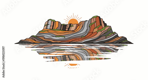 Stylized layered rock formation at sunrise, reflected in water