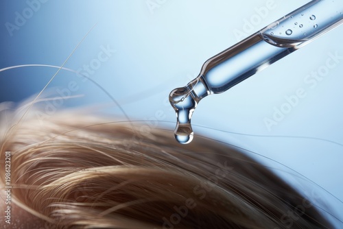 Hair care oil dropper with liquid drop falling into bottle macro beauty shot