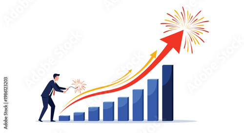 Excited businessman lights a fuse that triggers a massive growth spurt and fireworks on a rising statistical bar chart graph.