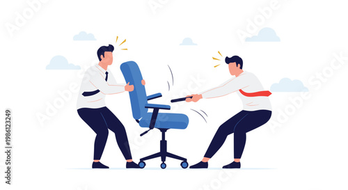 Two competitive businessmen engage in a physical struggle to claim a single blue office chair representing the intense rivalry in a modern workplace.