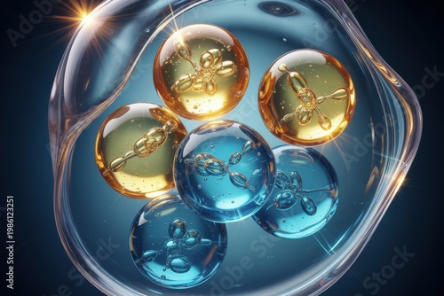 Abstract molecules floating in transparent liquid with blue and gold spheres