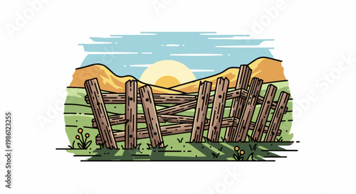 Rustic wooden fence borders a sunny meadow with rolling hills and a sunrise