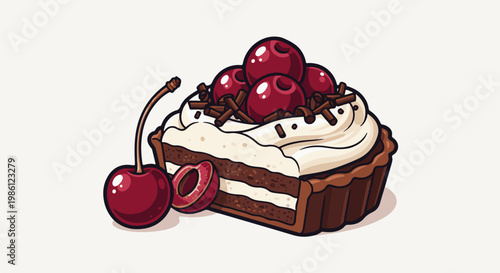 Rich chocolate cake slice with cream, cherries, and chocolate shavings