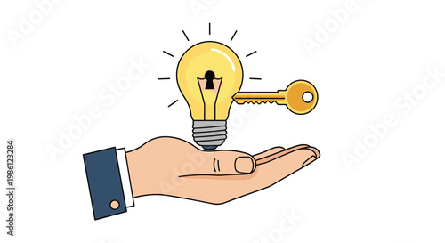 Businessman's hand holds a glowing light bulb with a keyhole while a key unlocks it signifying finding the secret to innovation.