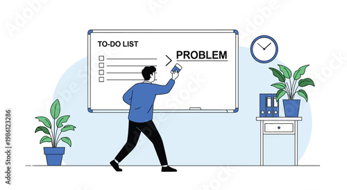 Proactive man erases the word problem from a whiteboard to-do list to focus on solutions and positive task management at work.