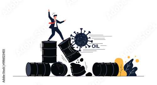 Panicked businessman stands on a stack of falling oil barrels as a giant virus cell causes an economic crash in the oil industry.