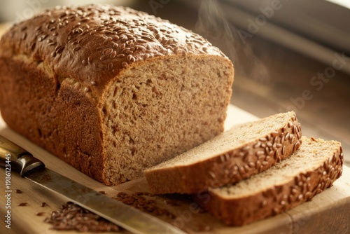 Artisan seeded bread loaf with slices in warm kitchen light