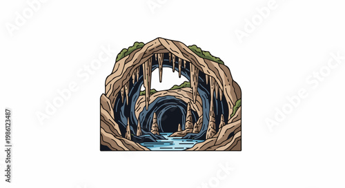 Pixel art illustration of a cave entrance with stalactites and a river